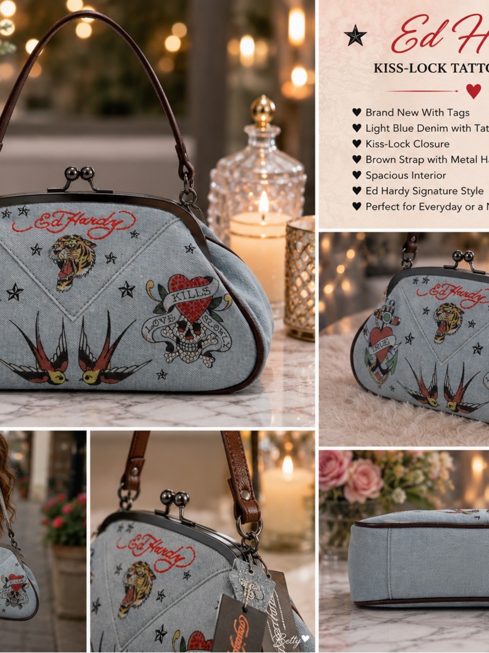 Ed Hardy Light Blue Denim Tattoo Kiss-Lock Wristlet with Brown Trim